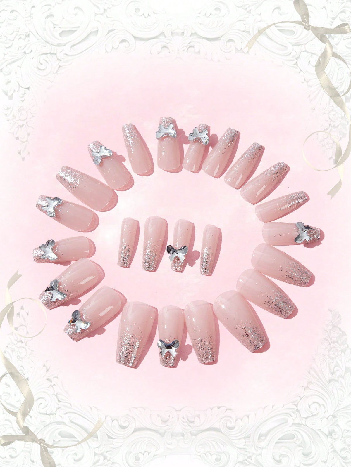 24pcs Butterfly Shape False Nails   1pc Double-Sided Adhesive