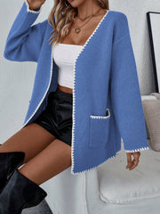 Women's Color Block Edged Cardigan With Double Pockets