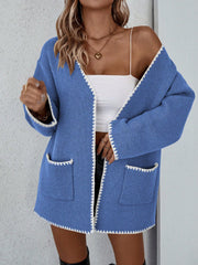Women's Color Block Edged Cardigan With Double Pockets