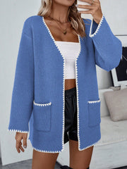 Women's Color Block Edged Cardigan With Double Pockets