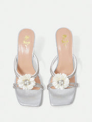 Ladies Peep Toe High Heel Sandals With Camellia Decoration, Clear Chunky Heels