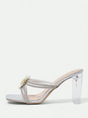 Ladies Peep Toe High Heel Sandals With Camellia Decoration, Clear Chunky Heels