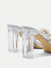 Ladies Peep Toe High Heel Sandals With Camellia Decoration, Clear Chunky Heels