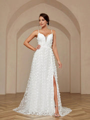 Elegant And Luxurious Romantic White V-Neck Butterfly Net Lace Sexy Halter High Slit Big Bottom Holiday Informal Big Train Wedding Dress