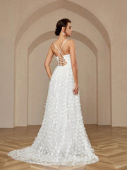 Elegant And Luxurious Romantic White V-Neck Butterfly Net Lace Sexy Halter High Slit Big Bottom Holiday Informal Big Train Wedding Dress