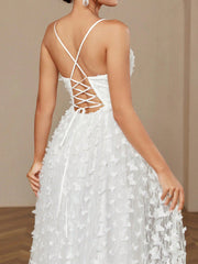 Elegant And Luxurious Romantic White V-Neck Butterfly Net Lace Sexy Halter High Slit Big Bottom Holiday Informal Big Train Wedding Dress