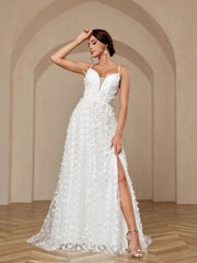 Elegant And Luxurious Romantic White V-Neck Butterfly Net Lace Sexy Halter High Slit Big Bottom Holiday Informal Big Train Wedding Dress