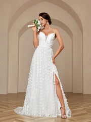 Elegant And Luxurious Romantic White V-Neck Butterfly Net Lace Sexy Halter High Slit Big Bottom Holiday Informal Big Train Wedding Dress