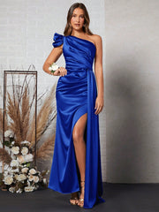 Solid-Colored Oblique-Shoulder High Slit Maxi Bridesmaid Dress
