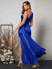 Solid-Colored Oblique-Shoulder High Slit Maxi Bridesmaid Dress