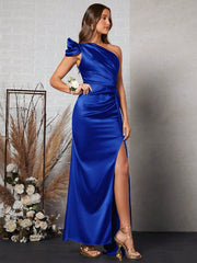 Solid-Colored Oblique-Shoulder High Slit Maxi Bridesmaid Dress