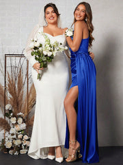 Solid-Colored Oblique-Shoulder High Slit Maxi Bridesmaid Dress