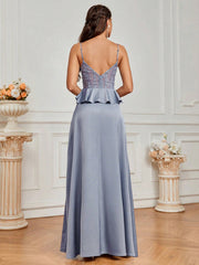 Elegant And Romantic Suspender Neckline Style Ruffled Breast Cup Herringbone Bright Satin Lace Stitching Waist Perspective High Slit Holiday Graduation Bridesmaid Dress
