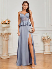 Elegant And Romantic Suspender Neckline Style Ruffled Breast Cup Herringbone Bright Satin Lace Stitching Waist Perspective High Slit Holiday Graduation Bridesmaid Dress