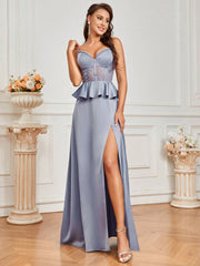 Elegant And Romantic Suspender Neckline Style Ruffled Breast Cup Herringbone Bright Satin Lace Stitching Waist Perspective High Slit Holiday Graduation Bridesmaid Dress