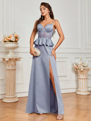 Elegant And Romantic Suspender Neckline Style Ruffled Breast Cup Herringbone Bright Satin Lace Stitching Waist Perspective High Slit Holiday Graduation Bridesmaid Dress