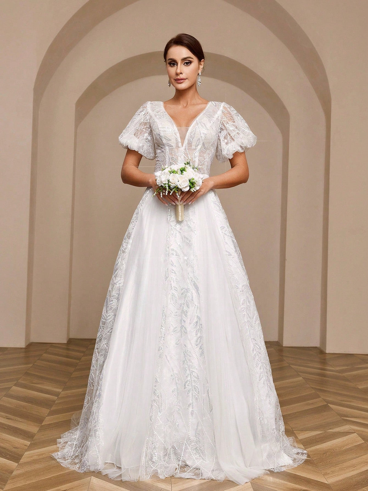 Elegant Pearl Embellished Pleated Mesh Lantern Sleeve Ball Gown Wedding Dress With Dramatic Train
