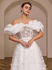 Giant Hem One Shoulder Wedding Dress With 3d Lace Appliques And Shiny Satin Fabric