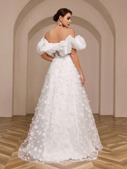 Giant Hem One Shoulder Wedding Dress With 3d Lace Appliques And Shiny Satin Fabric