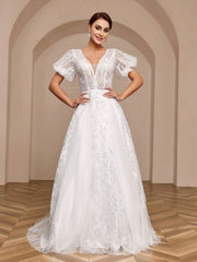 Elegant Pearl Embellished Pleated Mesh Lantern Sleeve Ball Gown Wedding Dress With Dramatic Train