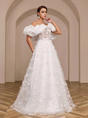 Giant Hem One Shoulder Wedding Dress With 3d Lace Appliques And Shiny Satin Fabric