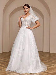 Elegant Pearl Embellished Pleated Mesh Lantern Sleeve Ball Gown Wedding Dress With Dramatic Train