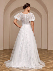 Elegant Pearl Embellished Pleated Mesh Lantern Sleeve Ball Gown Wedding Dress With Dramatic Train