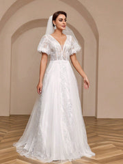 Elegant Pearl Embellished Pleated Mesh Lantern Sleeve Ball Gown Wedding Dress With Dramatic Train