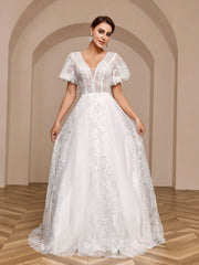 Elegant Pearl Embellished Pleated Mesh Lantern Sleeve Ball Gown Wedding Dress With Dramatic Train