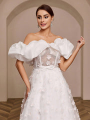 Giant Hem One Shoulder Wedding Dress With 3d Lace Appliques And Shiny Satin Fabric