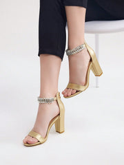 Women's Fashionable High-Heeled Sandals With Round Toe, Chunky Heel And Rhinestone Chains