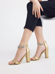 Women's Fashionable High-Heeled Sandals With Round Toe, Chunky Heel And Rhinestone Chains