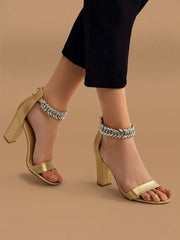 Women's Fashionable High-Heeled Sandals With Round Toe, Chunky Heel And Rhinestone Chains