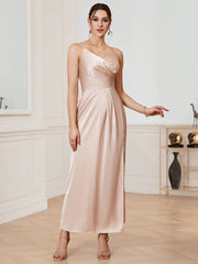 Solid Color Pleated Slit Design Bridesmaid Dress With Spaghetti Straps