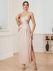 Solid Color Pleated Slit Design Bridesmaid Dress With Spaghetti Straps