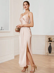 Solid Color Pleated Slit Design Bridesmaid Dress With Spaghetti Straps