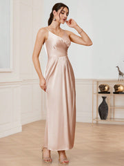 Solid Color Pleated Slit Design Bridesmaid Dress With Spaghetti Straps