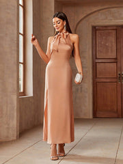 Solid Tie Neck Split Thigh Bridesmaid Dress