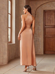 Solid Tie Neck Split Thigh Bridesmaid Dress