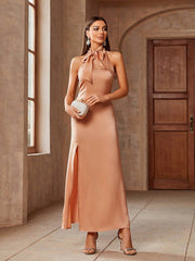 Solid Tie Neck Split Thigh Bridesmaid Dress