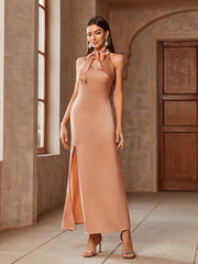 Solid Tie Neck Split Thigh Bridesmaid Dress