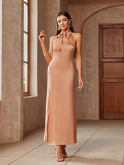 Solid Tie Neck Split Thigh Bridesmaid Dress