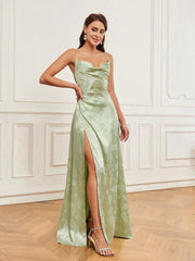 Green Satin Jacquard Bridesmaid Dress