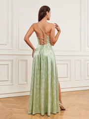 Green Satin Jacquard Bridesmaid Dress