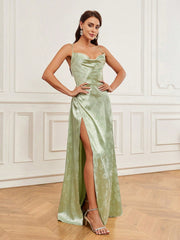 Green Satin Jacquard Bridesmaid Dress