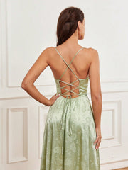 Green Satin Jacquard Bridesmaid Dress