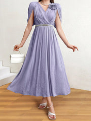 3d Flower Decoration Waist Cinched Textured Dress
