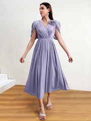 3d Flower Decoration Waist Cinched Textured Dress