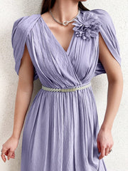 3d Flower Decoration Waist Cinched Textured Dress