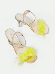 Women's Fashionable And Sexy Square-Toed Stiletto Sandals With Transparent Heels And Furry Details